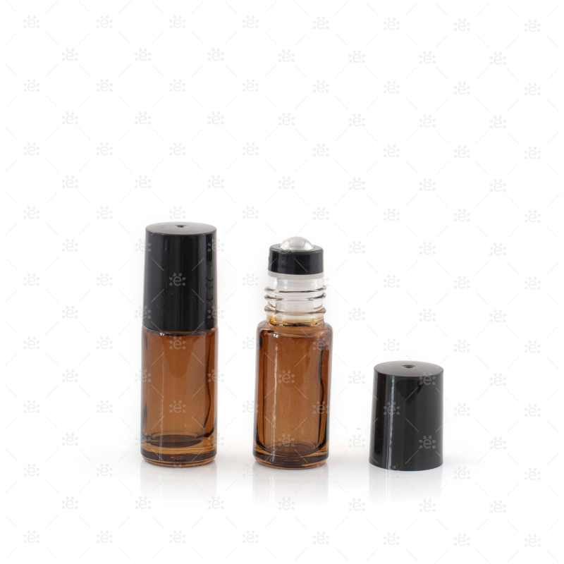 Amber 5 ml Rollers met Plastic Dop & Premium RVS Tops - Zwart (5 stuks)