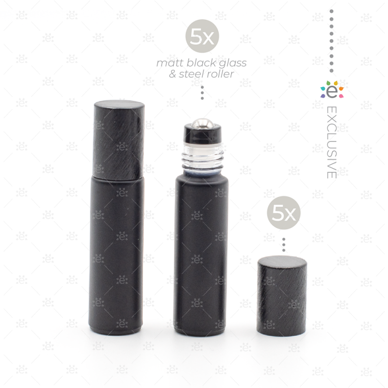 10 ml Frosted Roller Fles Zwart Metallic Dop (5 stuks)