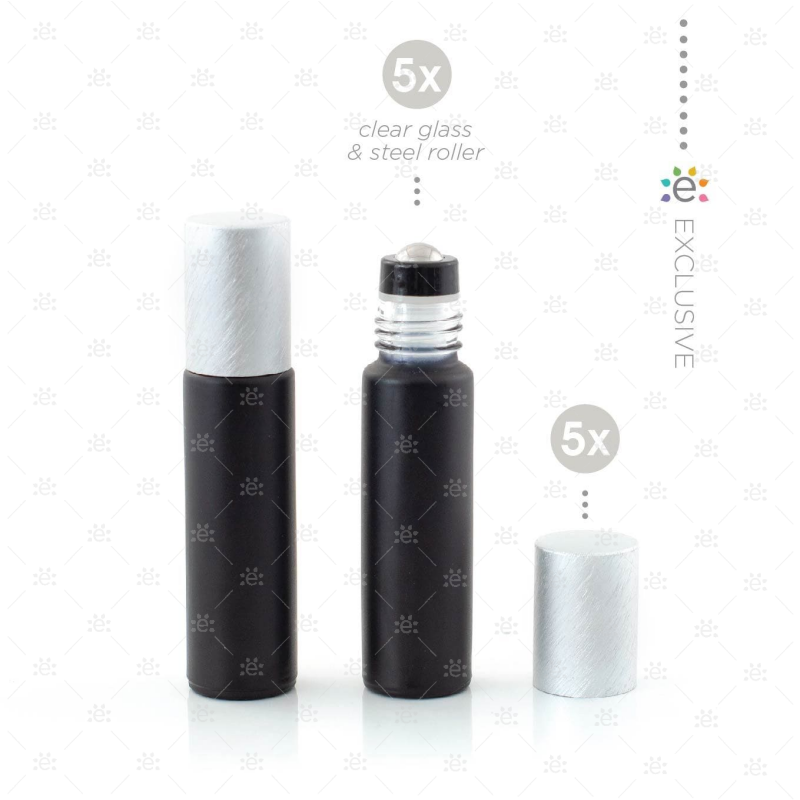 10 ml Frosted Roller Fles Zwart - Metallic Zilver (5 stuks)